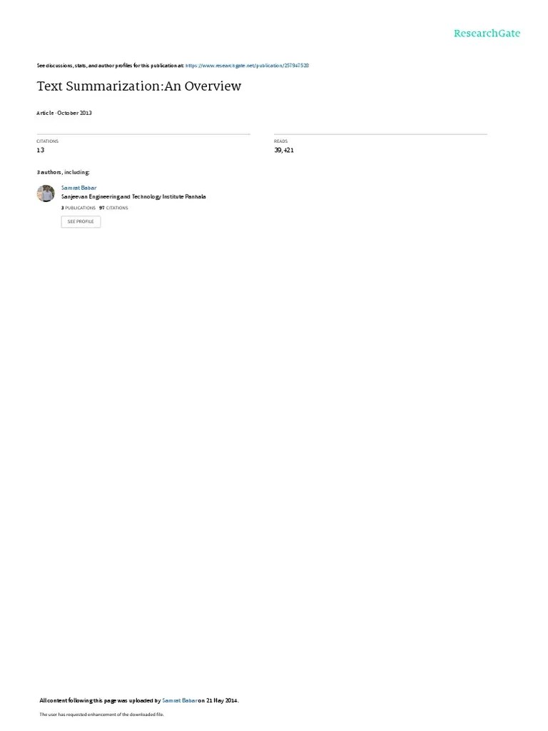 Text Summarization:An Overview: October 2013 | PDF | Cognitive Science | Cognition