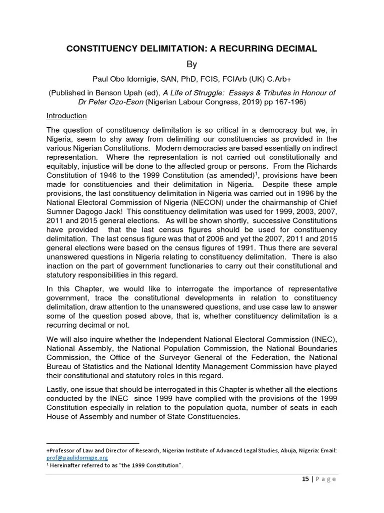 Constituency Delimitation: A Recurring Decimal: DR Peter Ozo-Eson ...