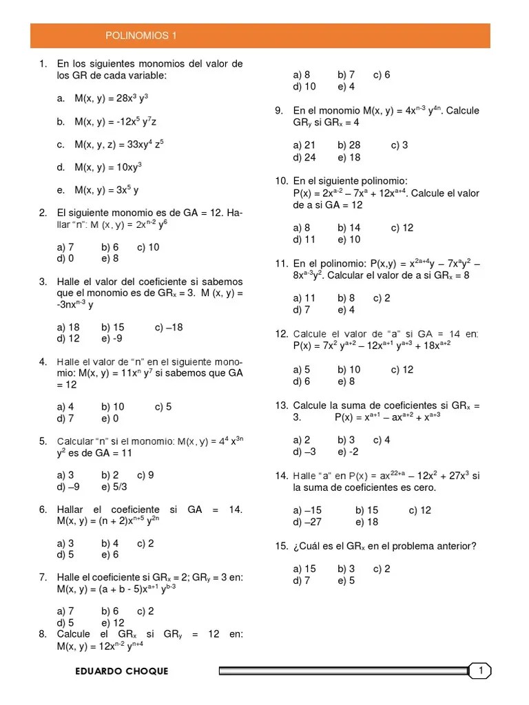 Polinomios 1: Conceptos Básicos Sobre Monomios Y Polinomios | PDF | Álgebra | Álgebra Abstracta