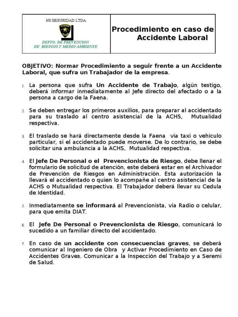 Procedimiento En Caso De Accidente Laboral | Accidente (general ...