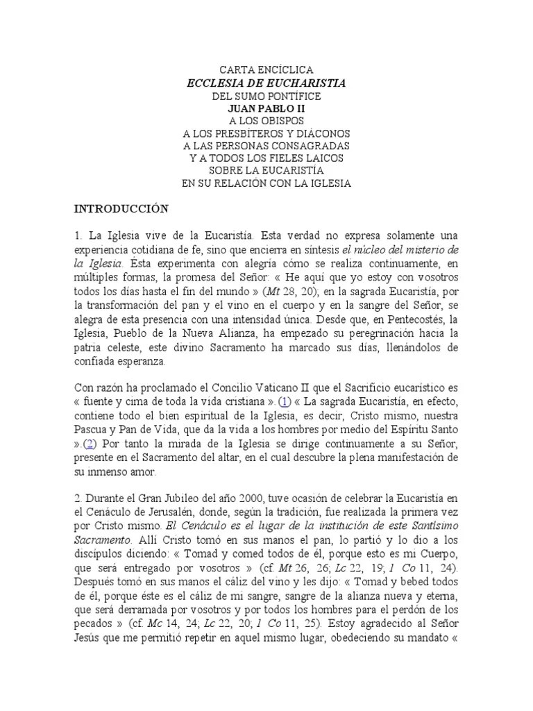 CARTA ENCÍCLICA Sobre La Eucaristia | PDF | Eucaristía | Cristo (título)