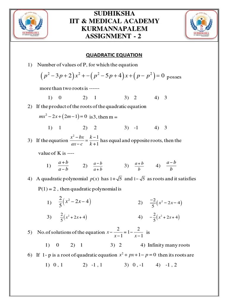 Quadratic Equations Assignment 2 | PDF | Equations | Quadratic Equation