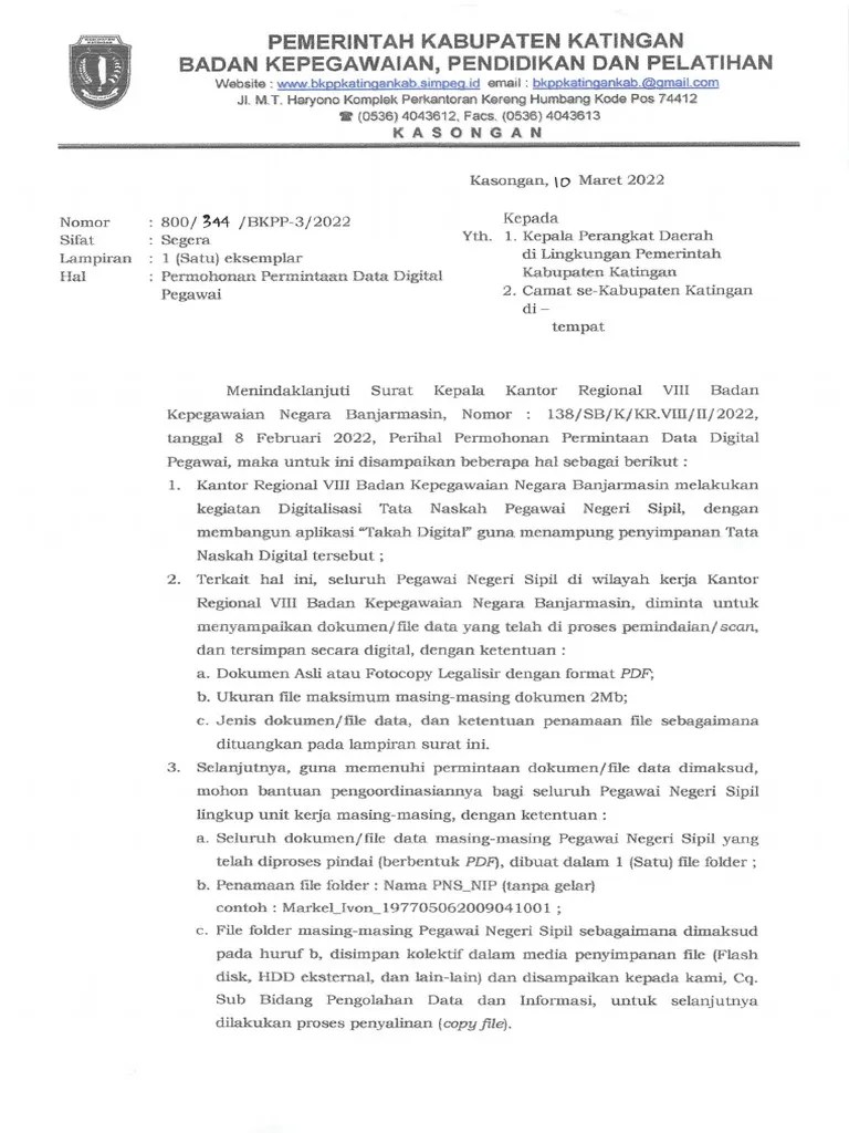 Surat Permohonan Permintaan Data Digital Pegawai | PDF