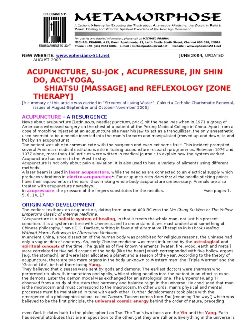 Acupuncture Acupressure Shiatsu And Reflexology | PDF | Acupuncture | Qi
