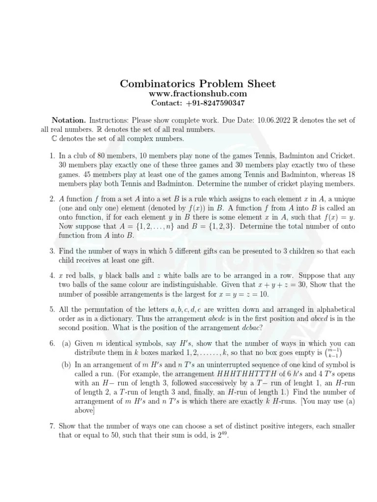 Combinatorics Subjective Class 11 & 12 | PDF | Numbers | Function ...