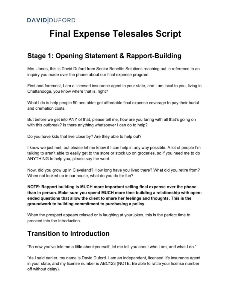 Final Expense Telesales Script: Stage 1: Opening Statement & Rapport-Building | PDF | Insurance ...