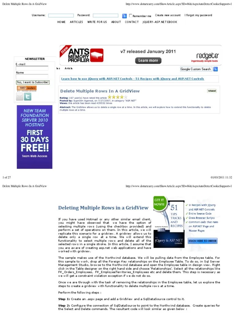 Delete Multiple Rows In A GridView | PDF | Active Server Pages | Data