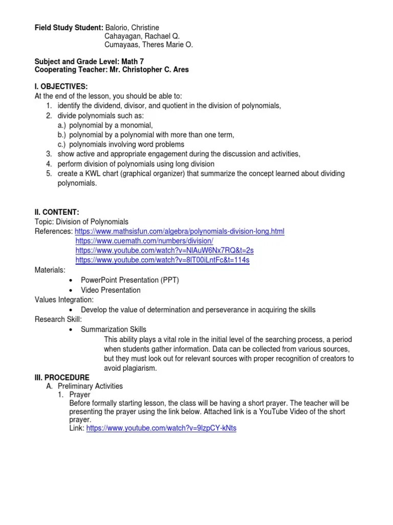 Lesson Plan For Division Of Polynomials | PDF | Teachers | Communication