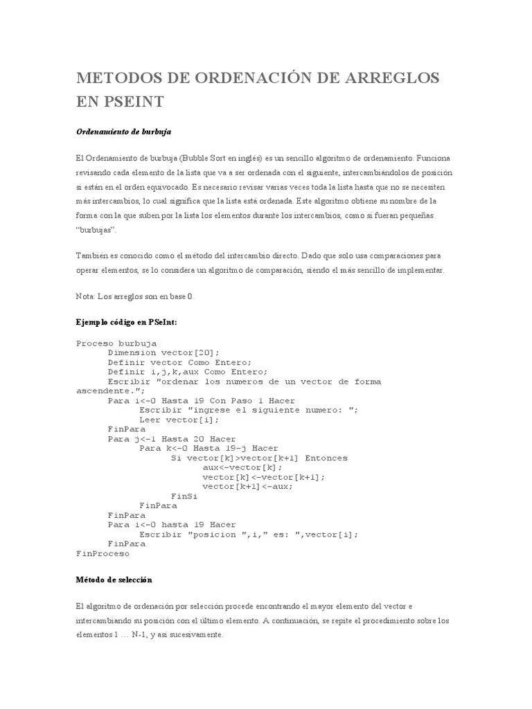 Metodos De Ordenación De Vectores En PSeInt | Descargar Gratis PDF | Informática Teórica ...