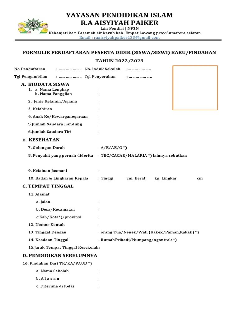 FORMULIR PENDAFTARAN PESERTA DIDIK Paud | PDF