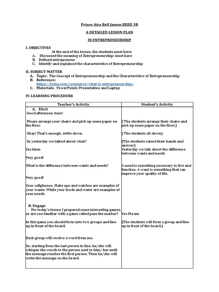 Entrepreneurship Detailed Lesson Plan-1 | PDF | Entrepreneurship | Business Economics