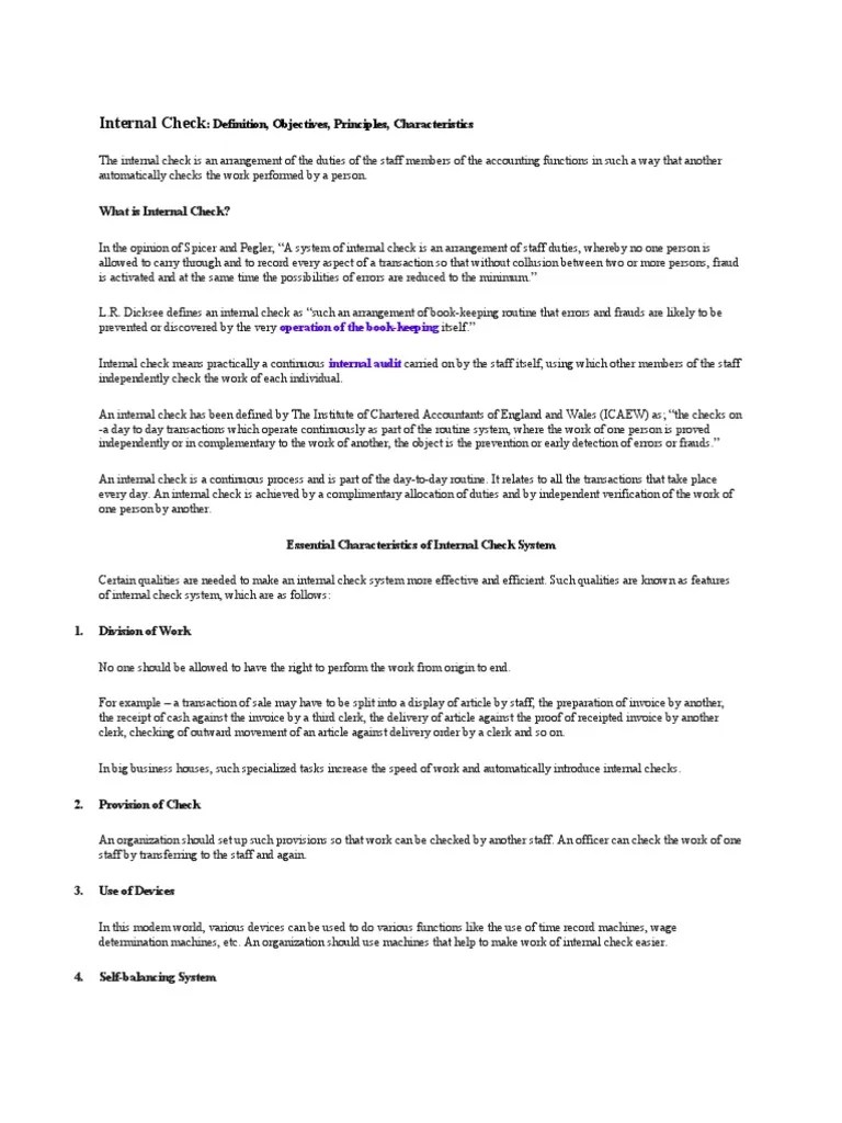 Internal Check:: Definition, Objectives, Principles, Characteristics | PDF | Audit | Receipt