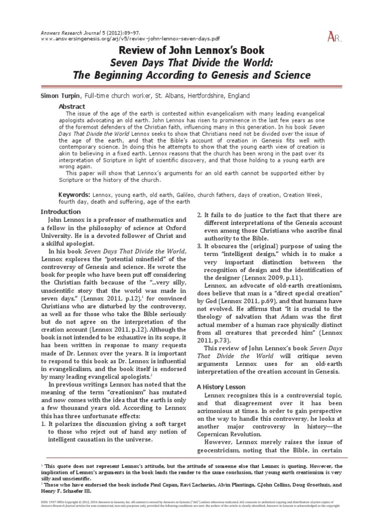 Review John Lennox Seven Days | PDF | Creationism | Genesis Creation Narrative