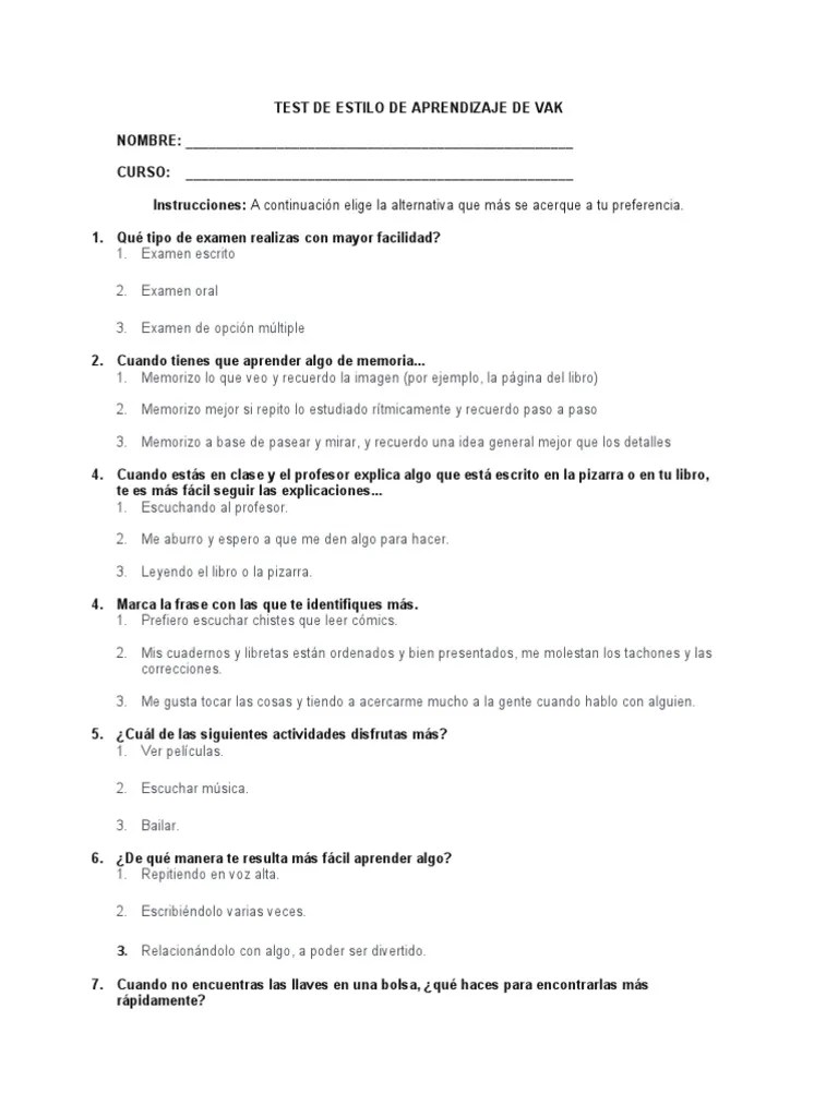 Test De Estilo De Aprendizaje De Vak | PDF
