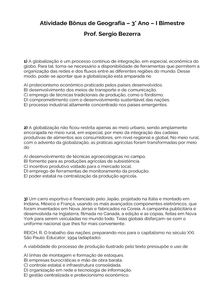 Atividade Bônus De Geografia - 3° Ano - I Bimestre | PDF | Globalização ...