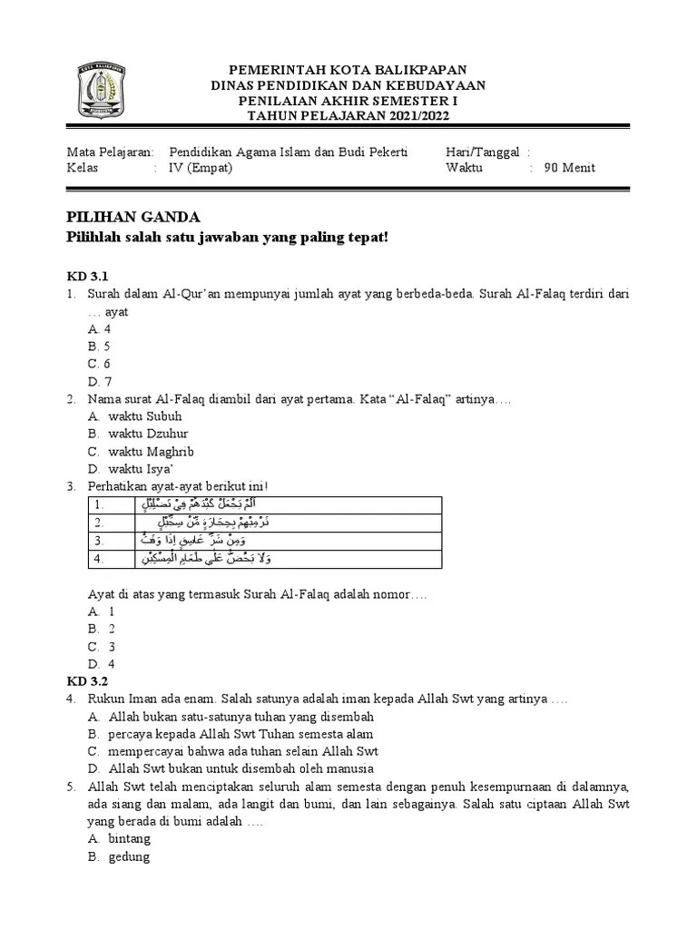 Soal Pas Ganjil Pai Kelas 4 | PDF