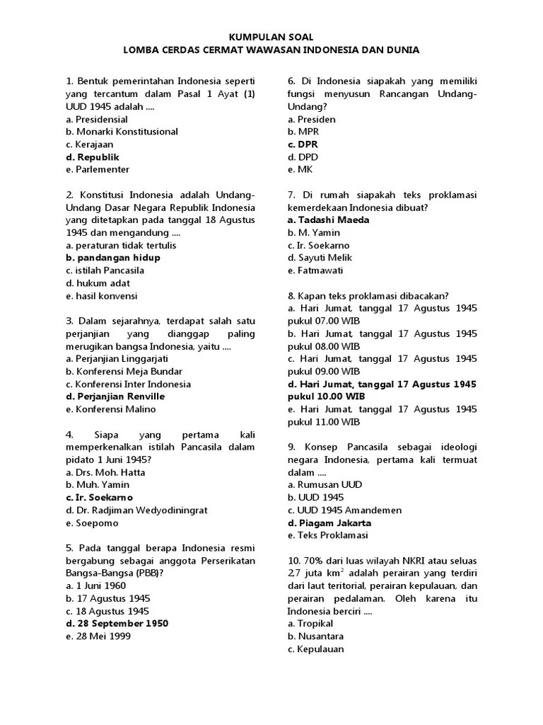 Kumpulan Soal Lomba Cerdas Cermat Wawasan Indonesia Dunia 2021 | PDF