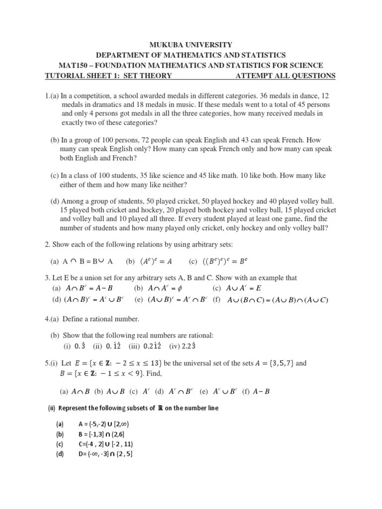 Mat150 Tutorial Sheet 1 2021 | PDF | Mathematics | Rational Number