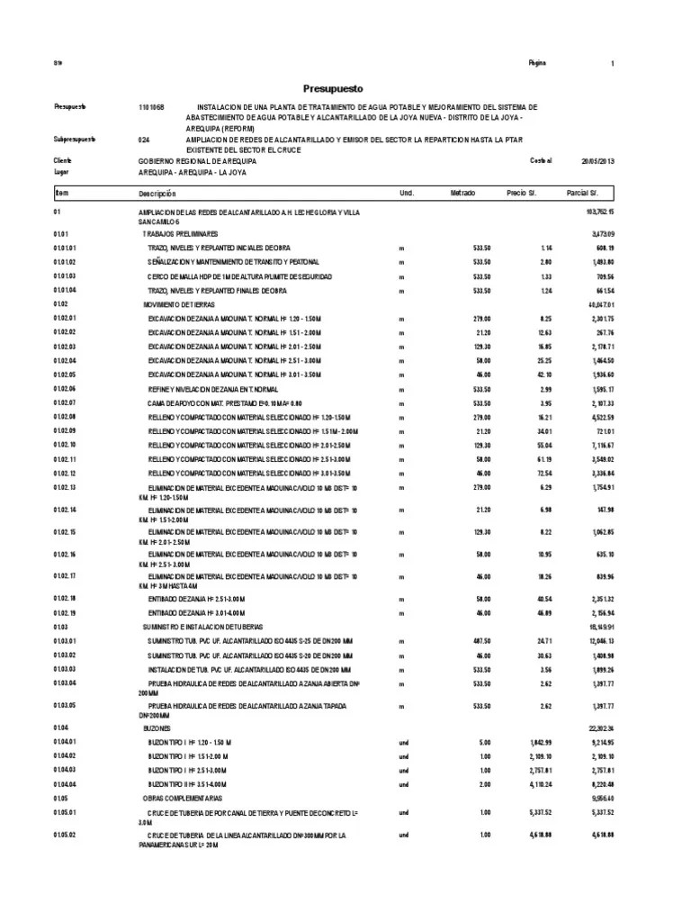 Presupuesto Ampliacion De Redes De Alcantarillado Y Emisor Sector La Reparticion | PDF ...