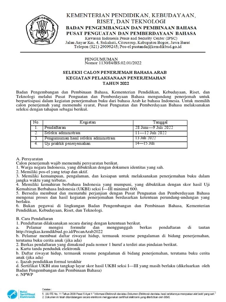 Pengumuman Seleksi Calon Penerjemah Bahasa Arab Tahun 2022 | PDF