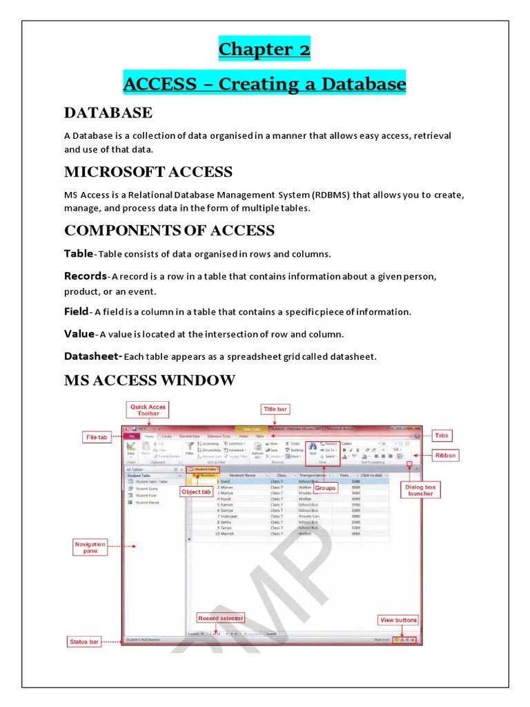 Class 8 - CH 2 - Access-Creating A Database (Notes) | PDF