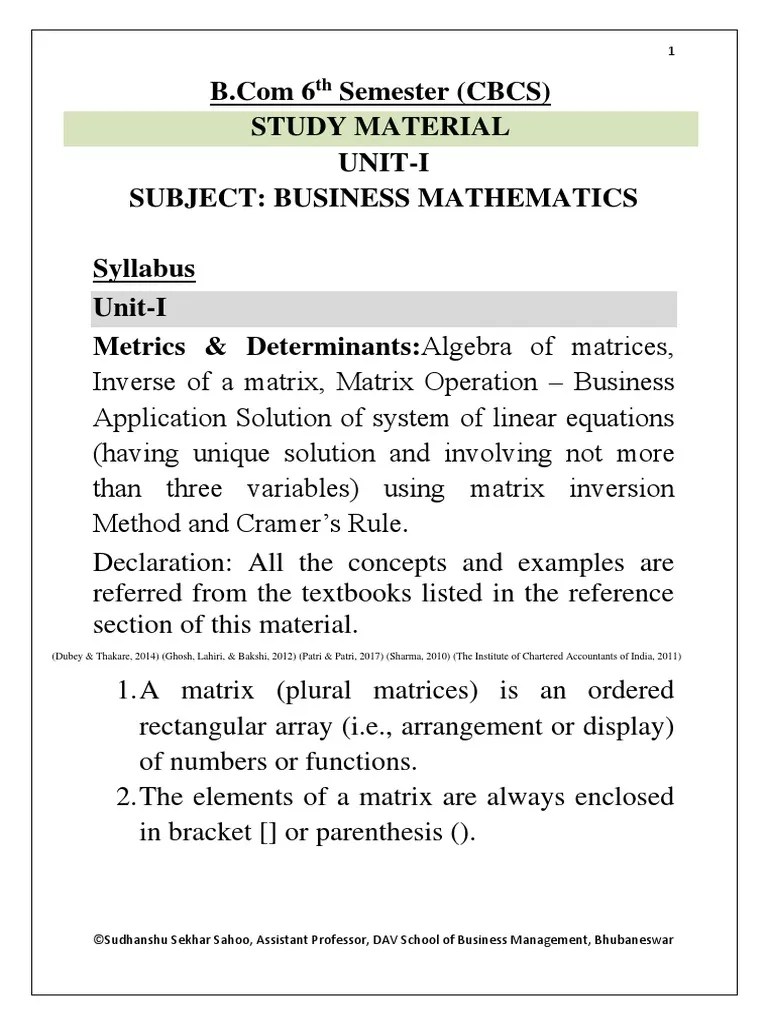 B.Com 6th Sem Business Mathematics Study Materials - Unit-1 To Upload ...
