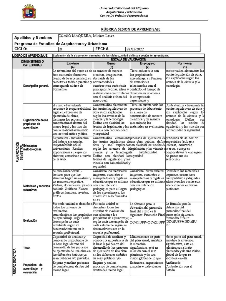 RUBRICA DE SESION DE APRENDIZAJE | PDF | Evaluación | Aprendizaje
