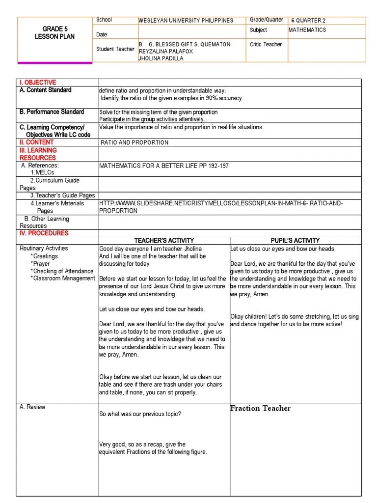 Lesson Plan Format Math | PDF | Ratio | Teachers