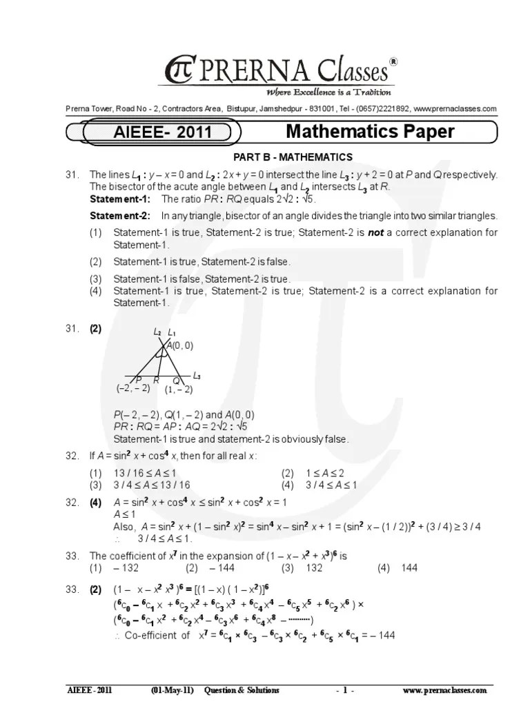 Aieee 2011maths Prerna Matrix Mathematics Mathematical