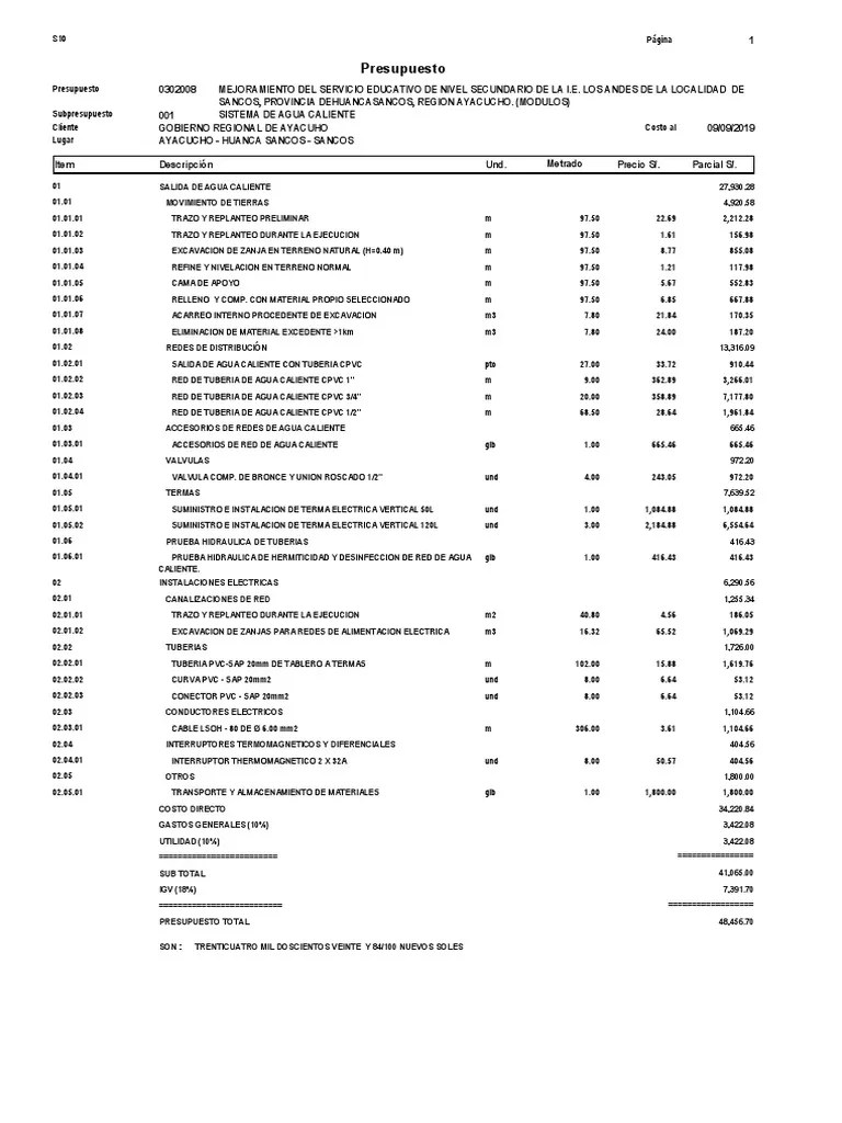 Presupuesto De Agua Caliente | PDF | Ingeniería De Edificación