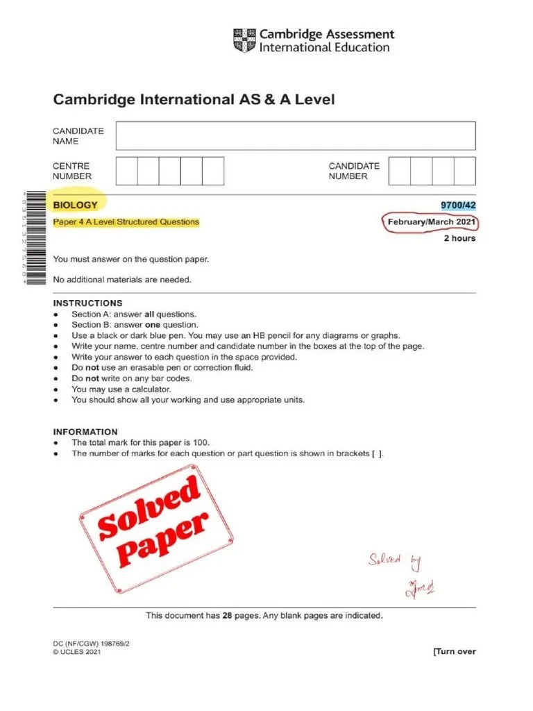CIE Biology 9700 Solved A Level Questions March 2021 | PDF