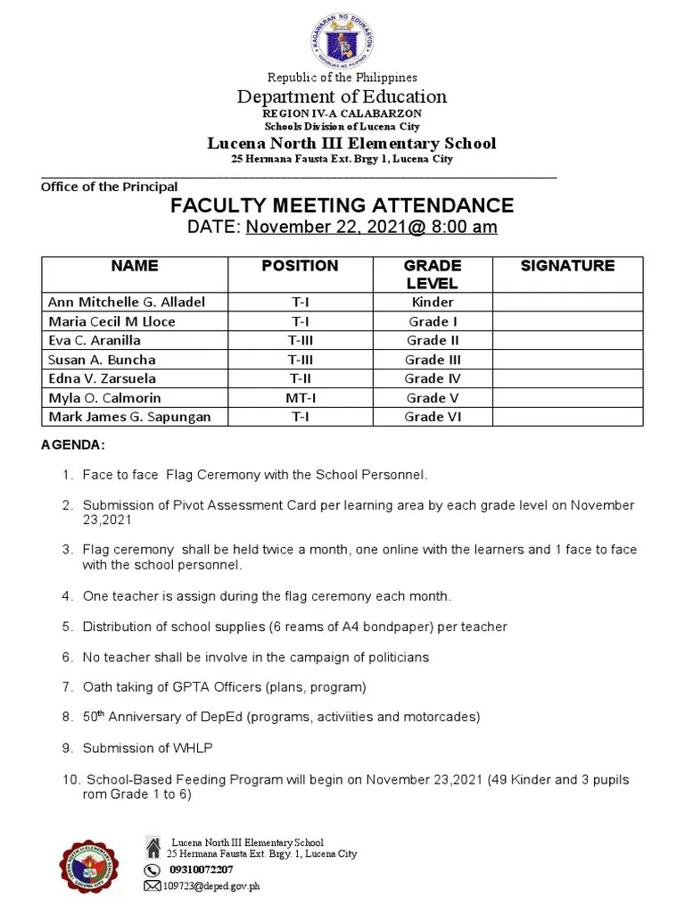 Faculty Meeting Attendance: Department Of Education | PDF | Teaching | Cognition