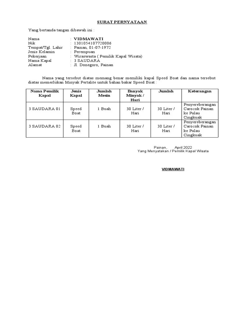 Surat Keterangan Minyak Kapal Wisata 2022 FORMAT | PDF