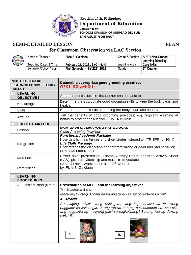 Department Of Education: Semi-Detailed Lesson Plan For Classroom ...