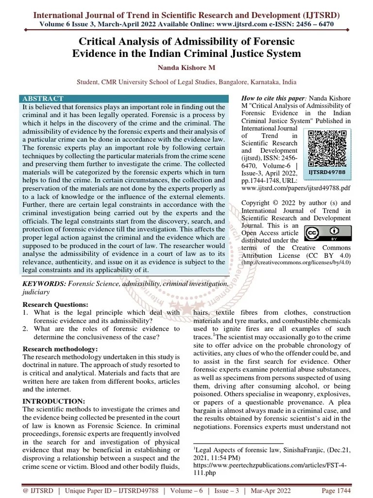 Critical Analysis Of Admissibility Of Forensic Evidence In The Indian Criminal Justice System ...