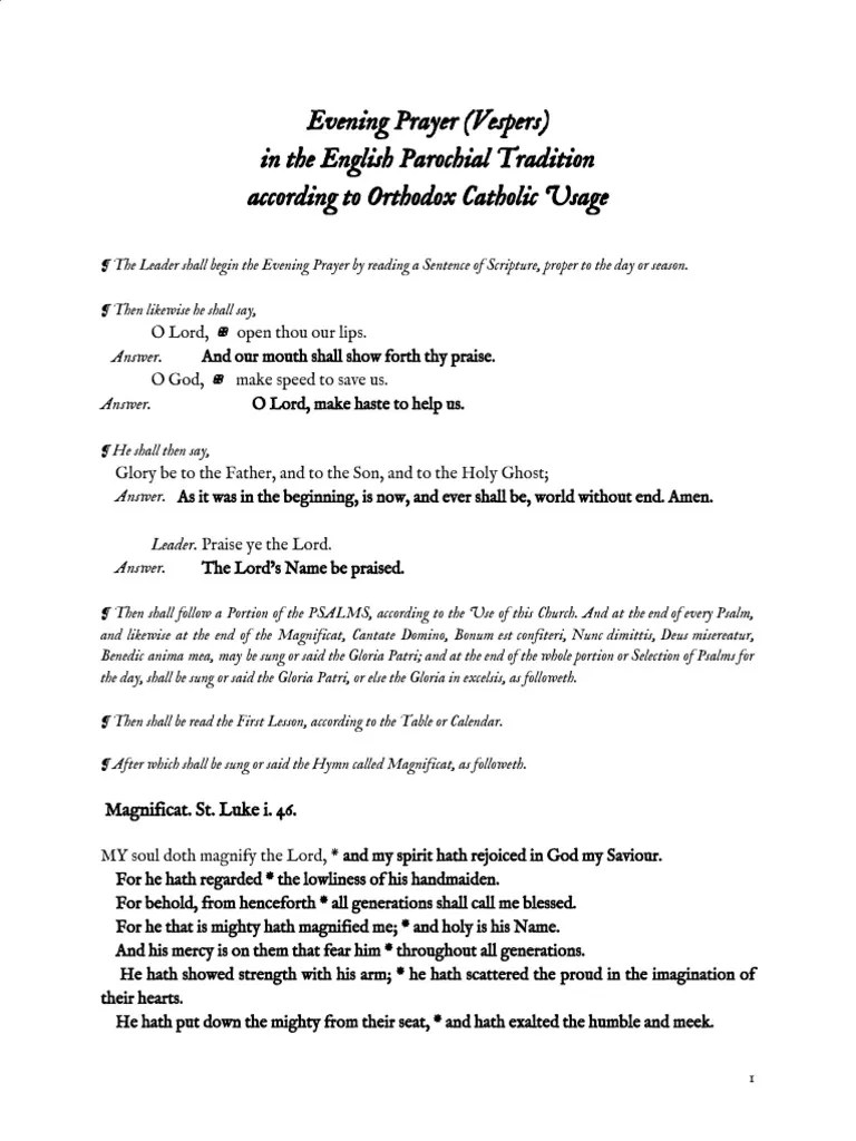 Evening Prayer (Vespers) In The English Parochial Tradition According To Orthodox Catholic Usage ...