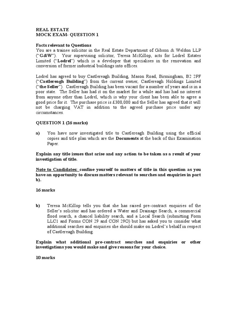 Real Estate Mock Exam Question 1 | PDF | Conveyancing | Civil Law (Legal System)