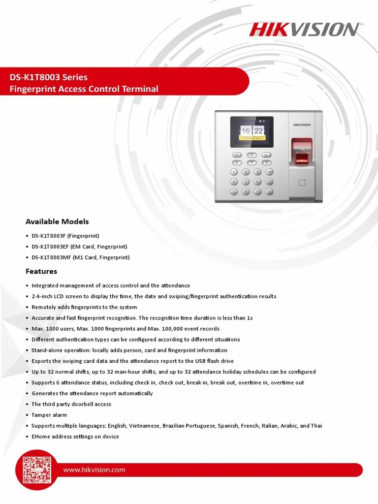 DS-K1T8003 Series Fingerprint Access Control Terminal: Available Models ...