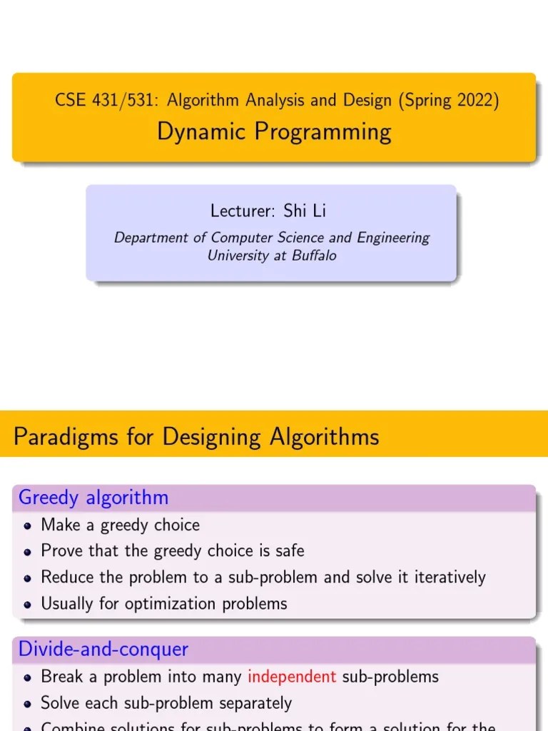 Dynamic Programming: CSE 431/531: Algorithm Analysis And Design (Spring 2022) | PDF ...