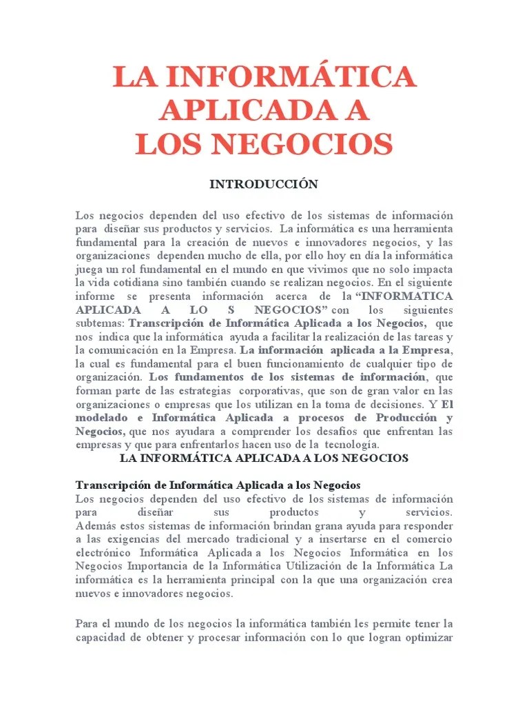 Informatica Aplicada A Los Negocios I | PDF | Informática | Sistema De Informacion