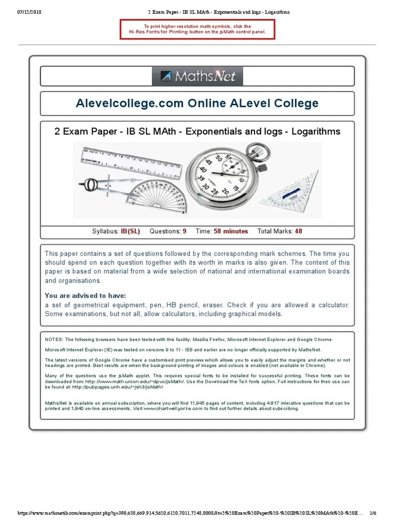 2 Exam Paper Ib SL Math Exponentials And Logs Logarithms | PDF | Logarithm | Internet Explorer