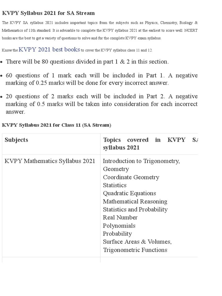 KVPY Syllabus 2021 - (SA, SB And SX) For Class 11 & 12 | PDF | Chemistry | Life