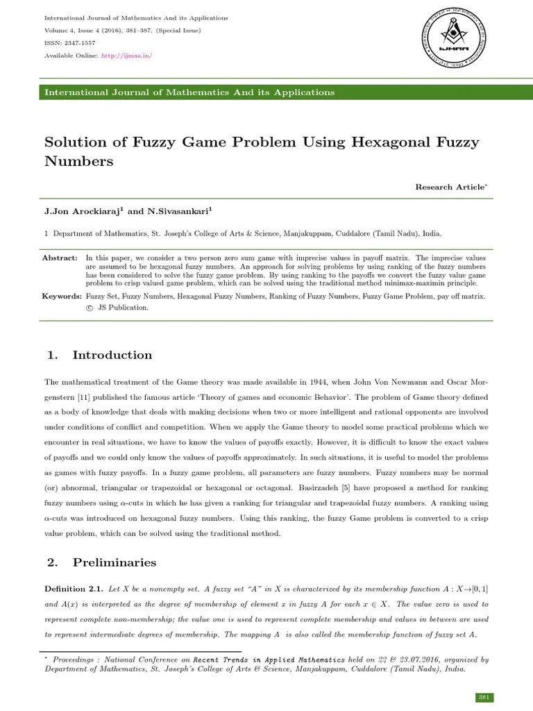 Hexagonal Fuzzy Numbers | PDF | Fuzzy Logic | Game Theory