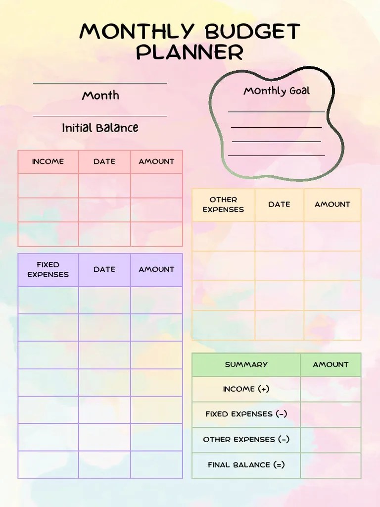 Colorful monthly budget planner