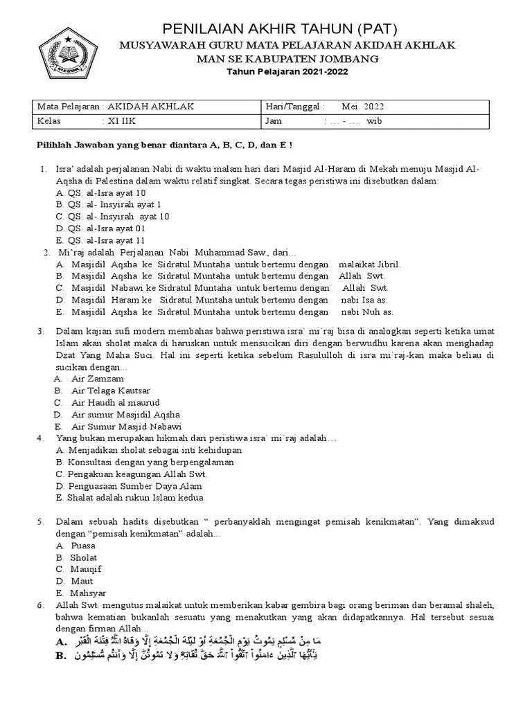 Akidah Kelas Xi Keagamaan 21-22 Soal Pat | PDF