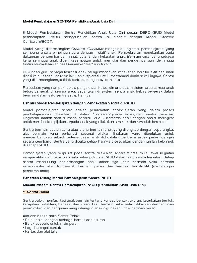 Model Pembelajaran SENTRA Pendidikan Anak Usia Dini | PDF