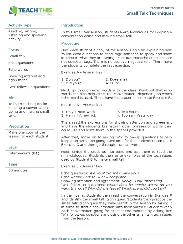 Small Talk Techniques: Activity Type | PDF | Verb | Question