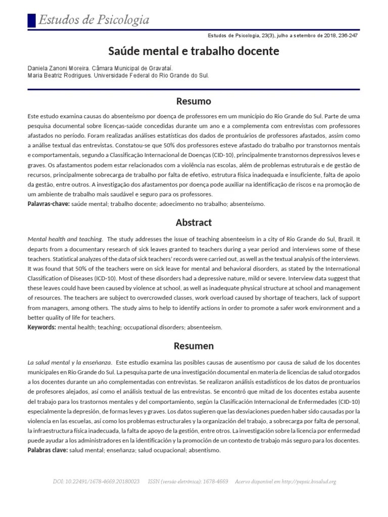 Saúde Mental E Trabalho Docente. | PDF | Distúrbio Mental | Psicologia