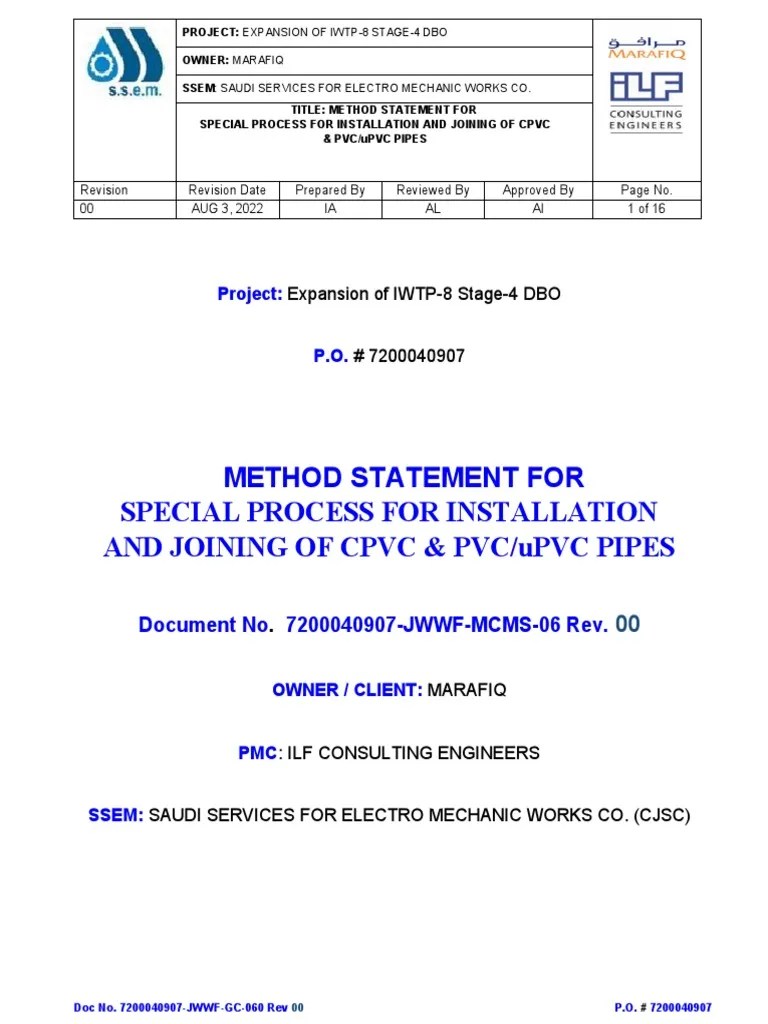 METHOD STATEMENT FOR PVC - Upvc-Cpvc | PDF | Pipe (Fluid Conveyance ...