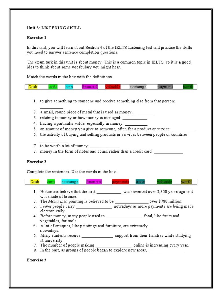 Unit 3: Listening Skill Exercise 1 | PDF | Money | Adjective